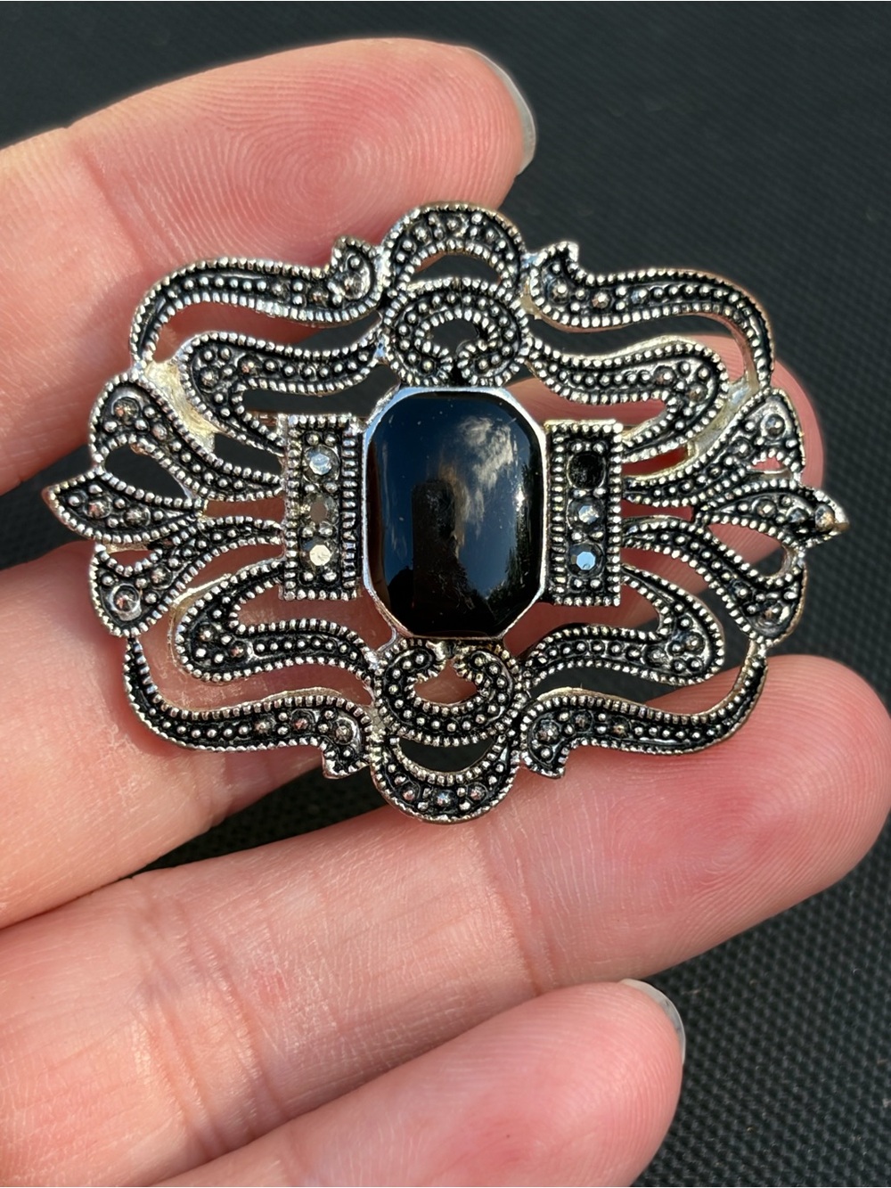 4/$100 Vintage-Inspired Marcasite Black Onyx Filigree Brooch - Unbranded
